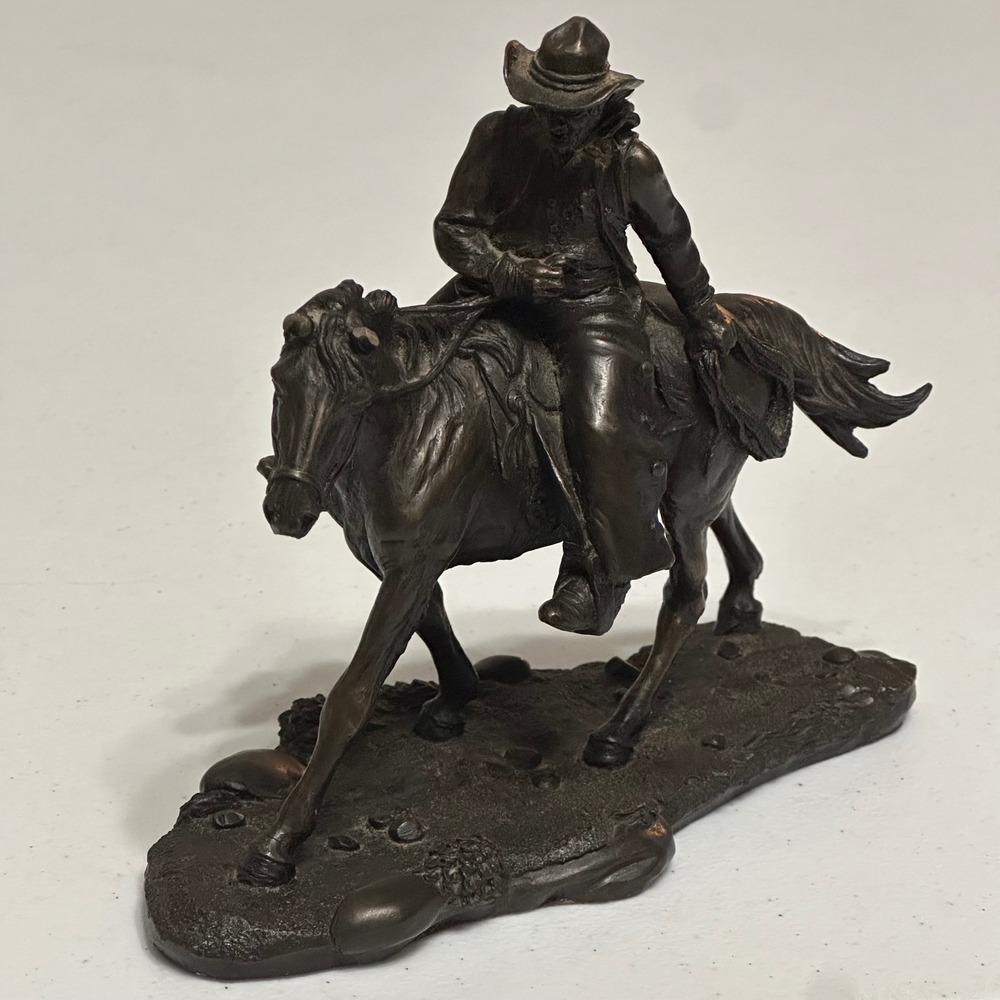 Tom Mackie Cowboy on Horseback Sculpture Heredities Bronze Resin Vintage Signed